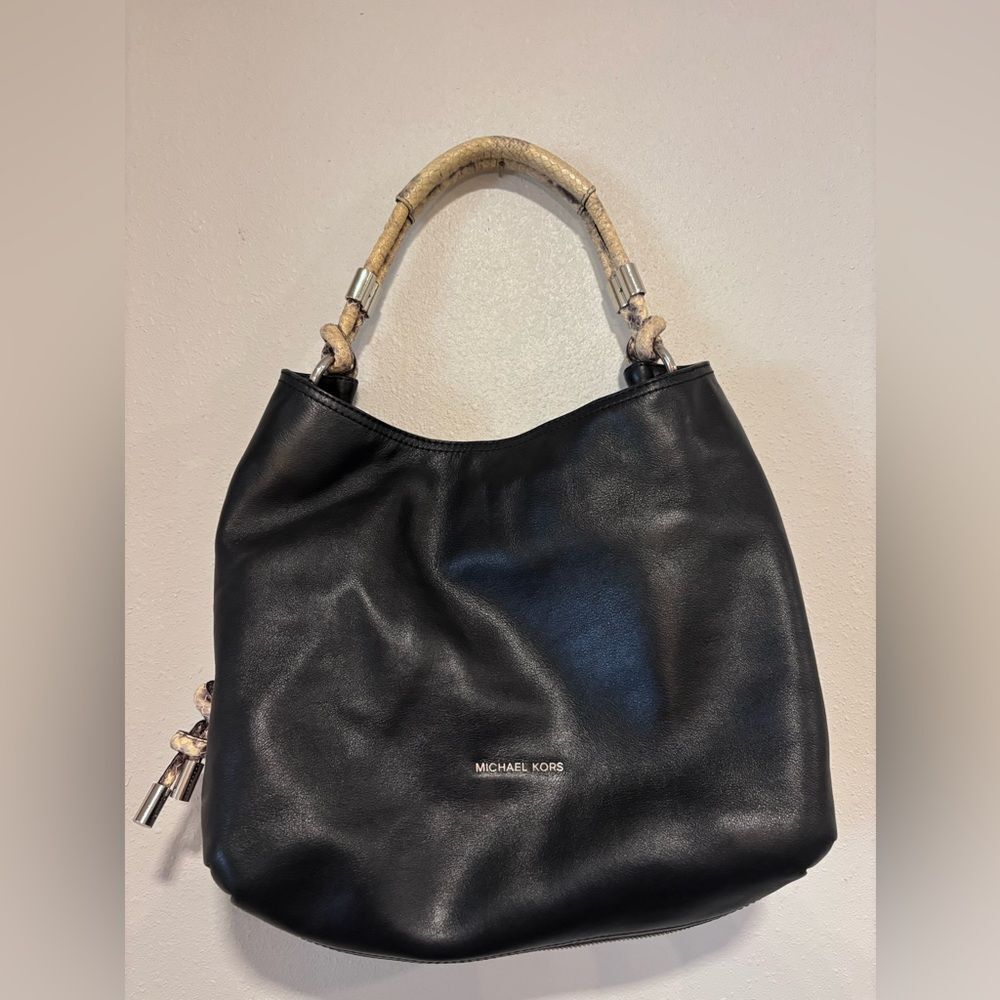 Michael Kors Isabel large convertible black leather shoulder bag snakeskin